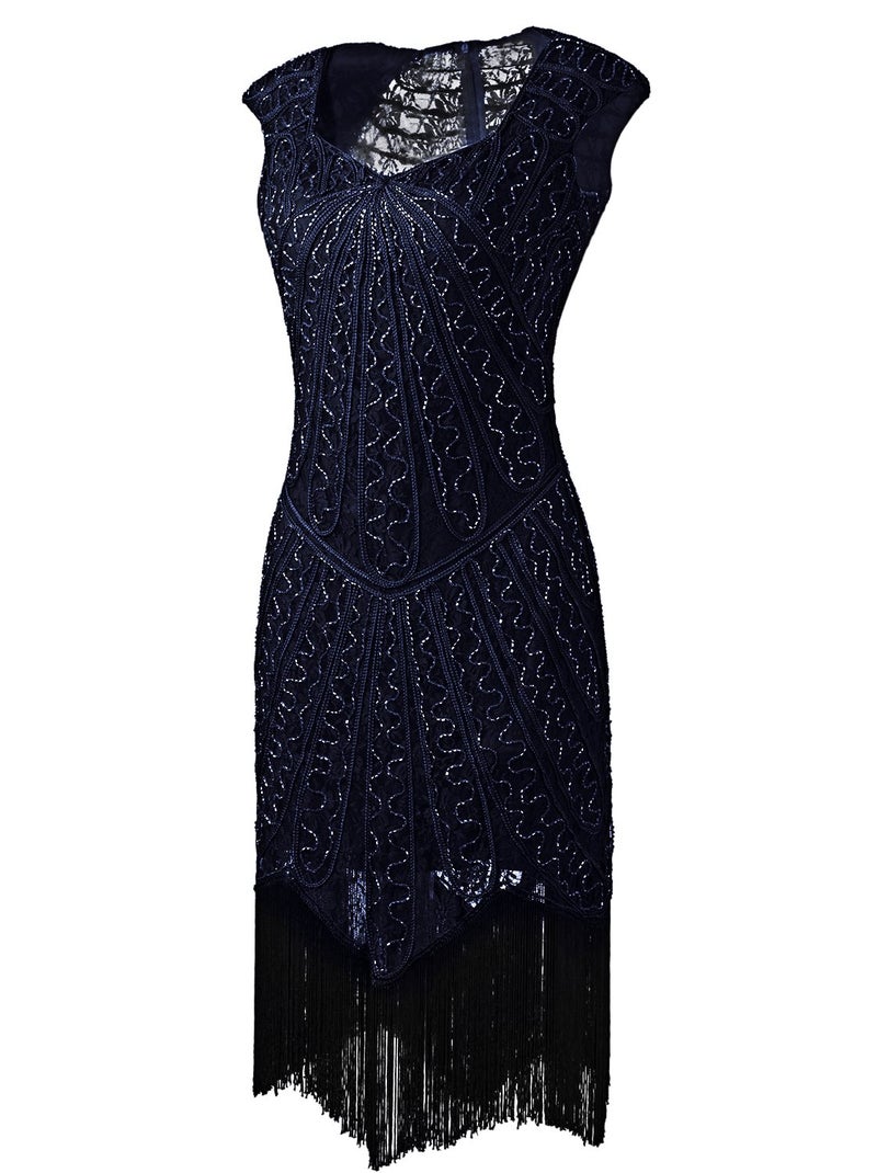 Vijiv Vintage 1920s Inspired Embellished Beaded Lace Cocktail Flapper Dress Navy Blue - Image 3