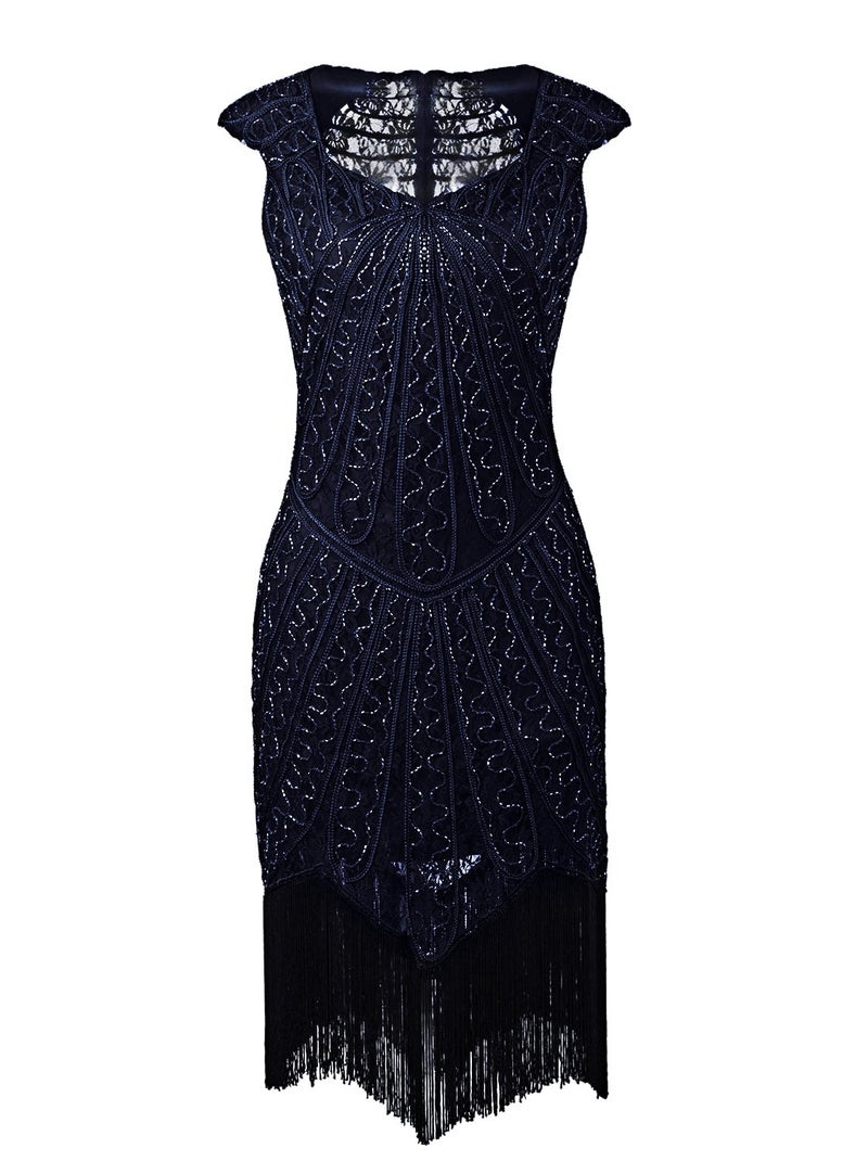 Vijiv Vintage 1920s Inspired Embellished Beaded Lace Cocktail Flapper Dress Navy Blue - Image 1