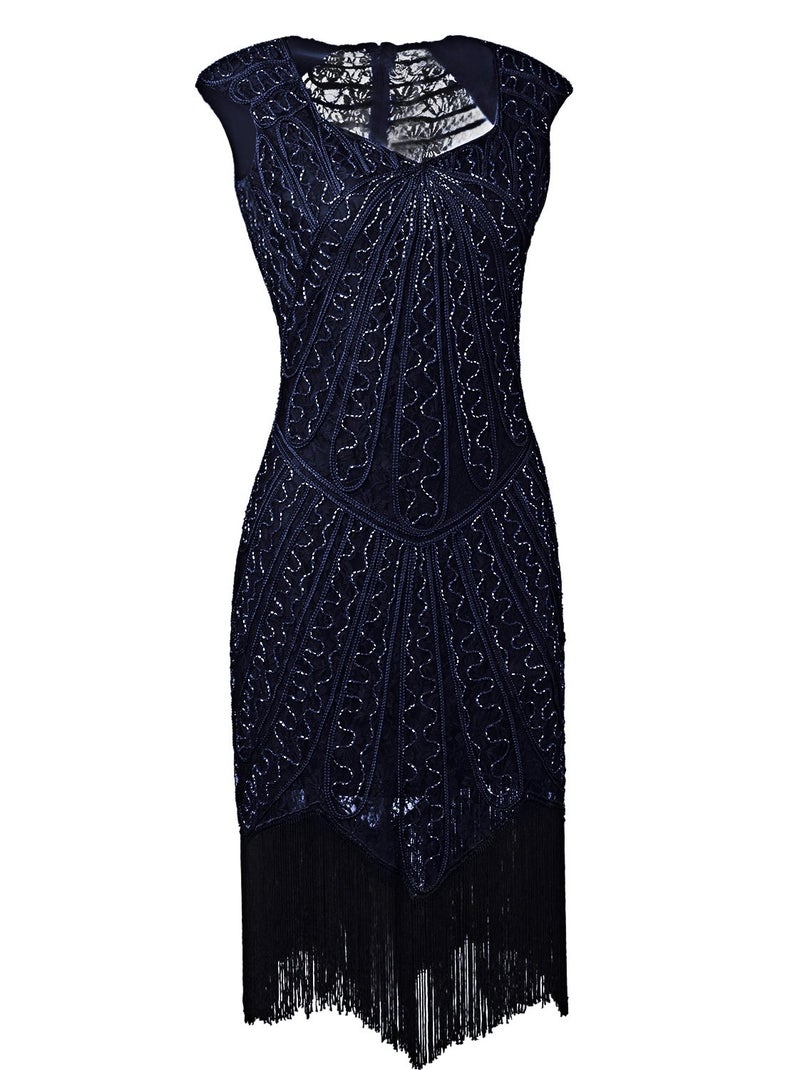 Vijiv Vintage 1920s Inspired Embellished Beaded Lace Cocktail Flapper Dress Navy Blue - Image 2