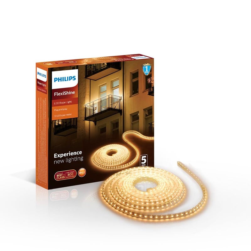 Philips 5 Meter LED Rope Light | Flexishine Plug n Play Flexible Rope Light for Indoor and Outdoor Decorations | Rope Light for False Ceiling,Balcony,Diwali,Christmas | Warm White, Pack of 1 - Image 1