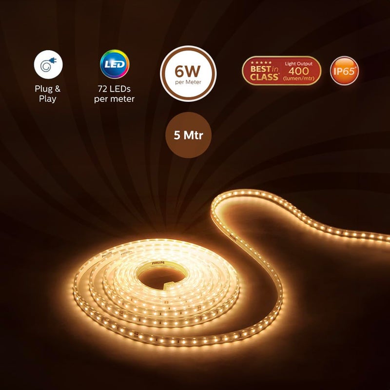 Philips 5 Meter LED Rope Light | Flexishine Plug n Play Flexible Rope Light for Indoor and Outdoor Decorations | Rope Light for False Ceiling,Balcony,Diwali,Christmas | Warm White, Pack of 1 - Image 2