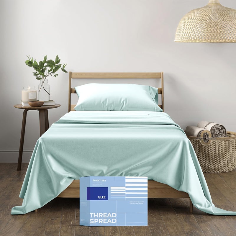 THREAD SPREAD Egyptian Cotton Sheets Twin Size - Luxury 400 Thread Count 100% Cotton Twin Sheets Set (3 PC, Sea Foam), Silky Soft, Cooling & Breathable Sateen Weave 16" Deep Pocket Bed Sheet Set - Image 1
