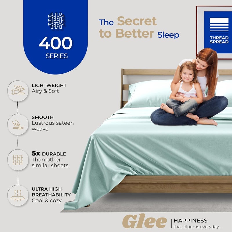THREAD SPREAD Egyptian Cotton Sheets Twin Size - Luxury 400 Thread Count 100% Cotton Twin Sheets Set (3 PC, Sea Foam), Silky Soft, Cooling & Breathable Sateen Weave 16" Deep Pocket Bed Sheet Set - Image 5