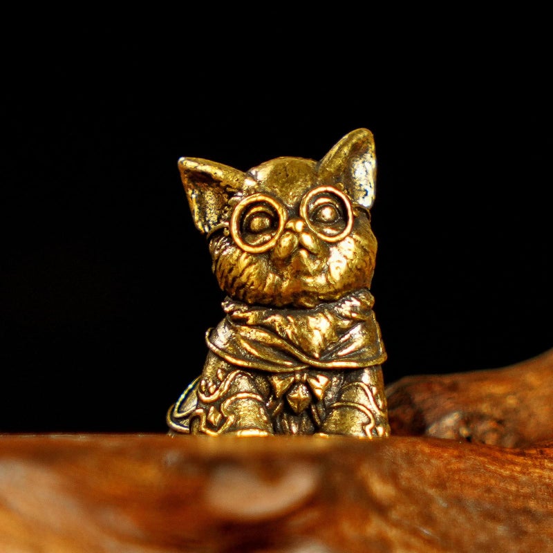 CHOVY Retro Handcrafted Scholarly Cat Ornament - 100% Solid Brass Desk Decor Intellectual Kitten Sculpture with Doctoral Glasses Vintage Style Collectible Art Piece Unique Gift for Cat Lovers - Image 2