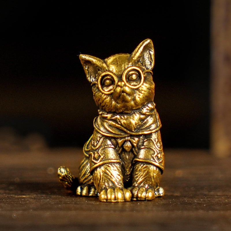 CHOVY Retro Handcrafted Scholarly Cat Ornament - 100% Solid Brass Desk Decor Intellectual Kitten Sculpture with Doctoral Glasses Vintage Style Collectible Art Piece Unique Gift for Cat Lovers - Image 1