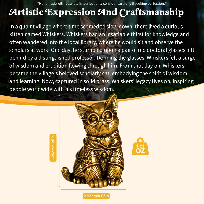 CHOVY Retro Handcrafted Scholarly Cat Ornament - 100% Solid Brass Desk Decor Intellectual Kitten Sculpture with Doctoral Glasses Vintage Style Collectible Art Piece Unique Gift for Cat Lovers - Image 3