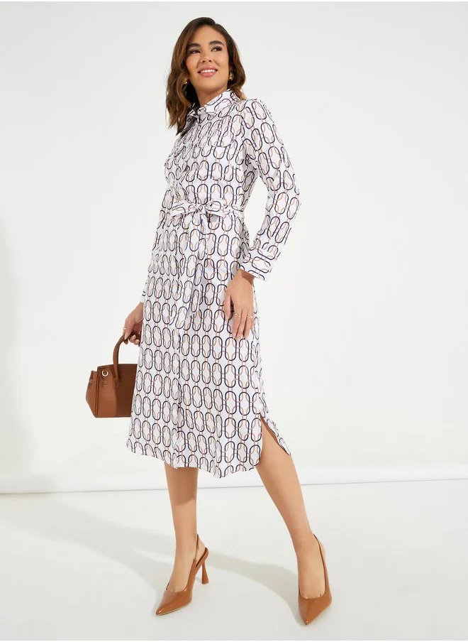 Styli All Over Print Shirt Midi Dress with Tie Belt