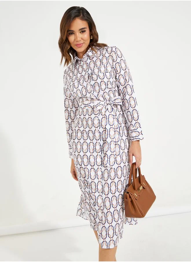 Styli All Over Print Shirt Midi Dress with Tie Belt