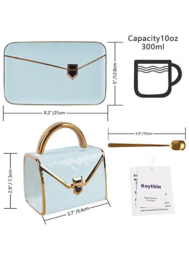 OCTOBER Ceramic Coffee Mug Saucer Set, Creative Cute Handbag Shaped Cup with Spoon and Saucer for Office and Home, 10 oz/300 ml for Tea Latte Milk, for Mom on Mothers Day (Light Blue)  - Image 2