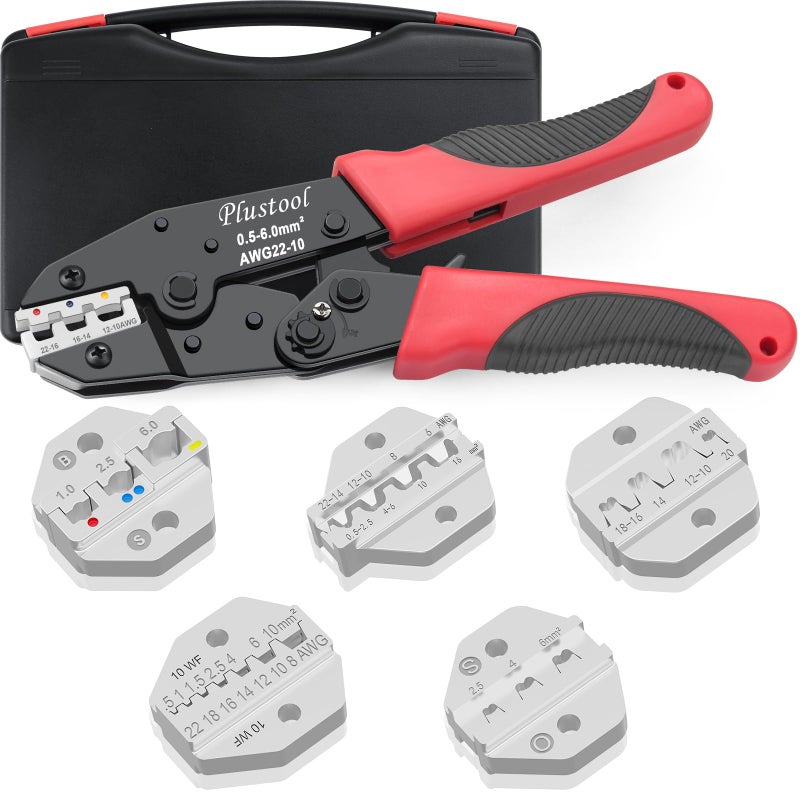 Plustool 6PCS Crimping Tool Set - Ratcheting Wire Crimper - for Heat Shrink, Insulated Nylon, Non-Insulated, Ferrule Terminal, Open Barrel Terminals & Solar Connectors - Image 1