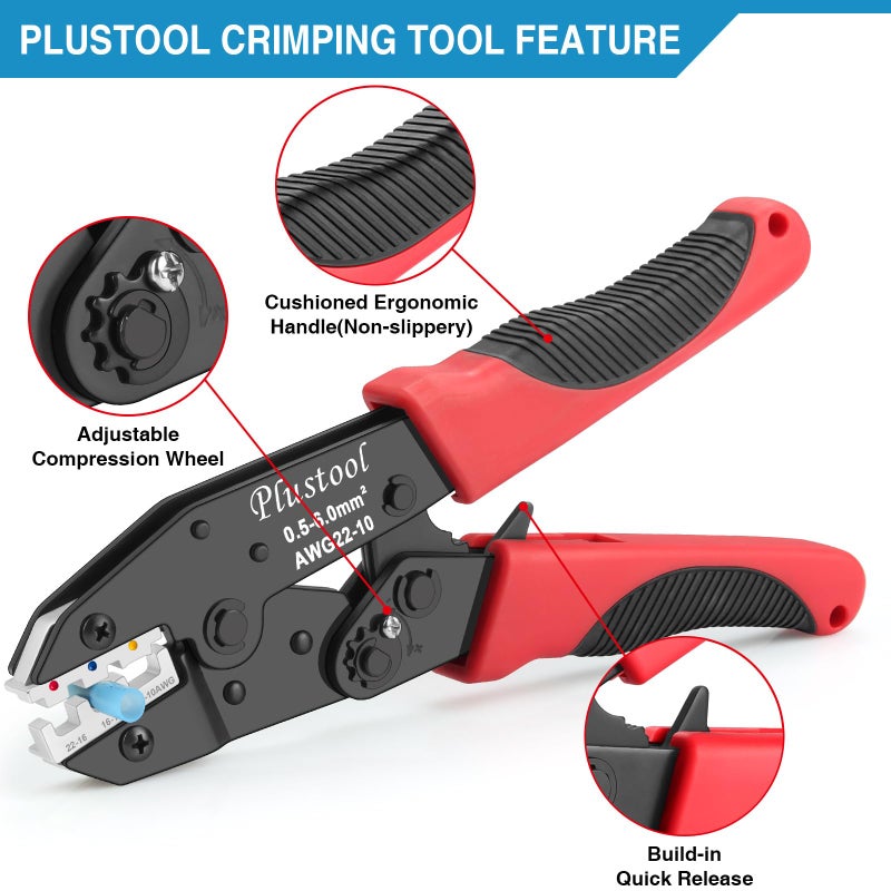 Plustool 6PCS Crimping Tool Set - Ratcheting Wire Crimper - for Heat Shrink, Insulated Nylon, Non-Insulated, Ferrule Terminal, Open Barrel Terminals & Solar Connectors - Image 4