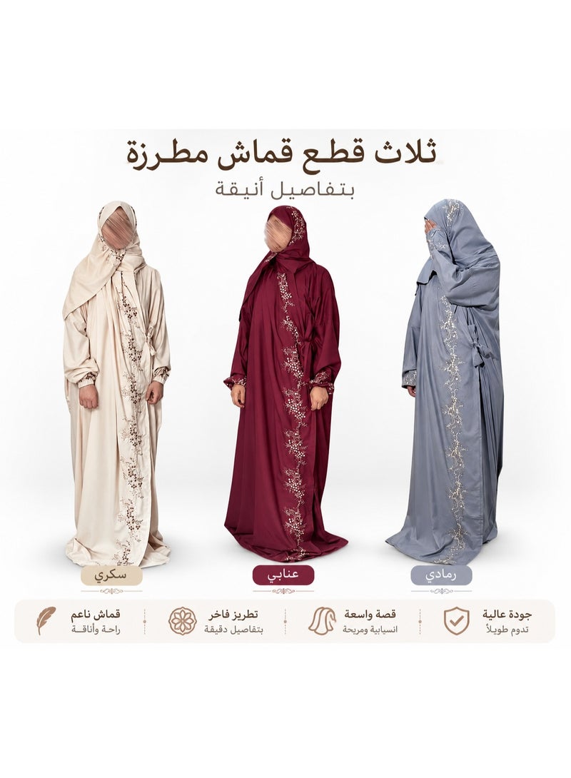 Set of 3 Embroidered Prayer Garments for Women – Three garments featuring elegant embroidery, soft and comfortable fabric, and high quality; available in various colors, suitable for daily use and gifting.
