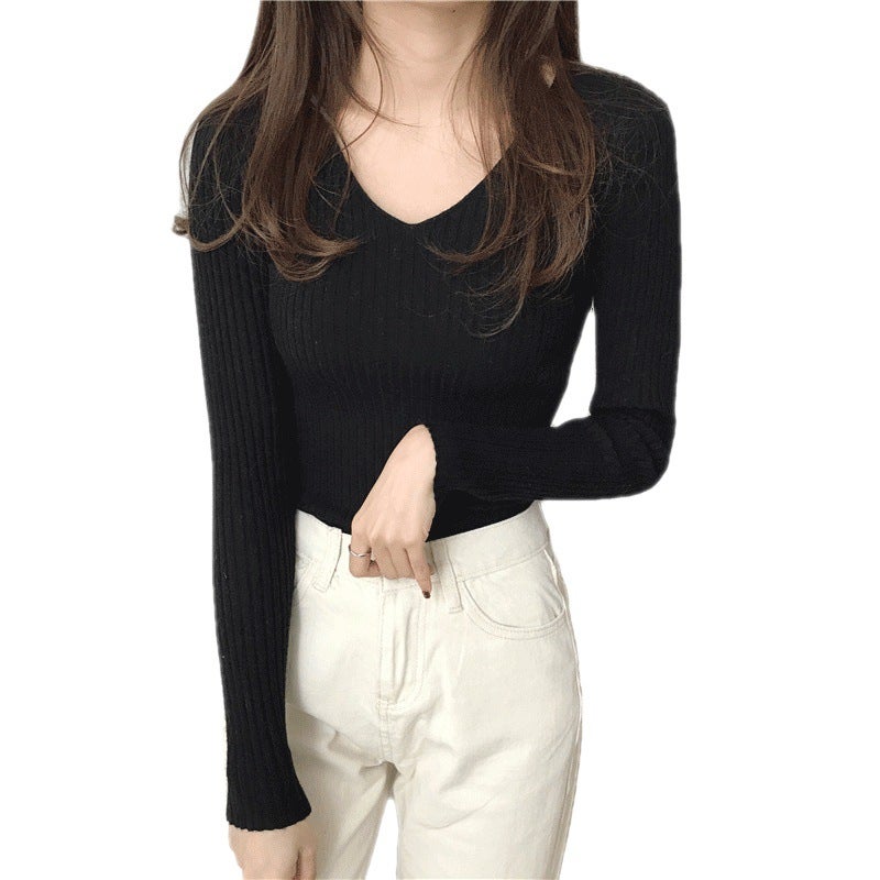 Korean V-Neck Knit Sweater Women Autumn Black  - Image 3