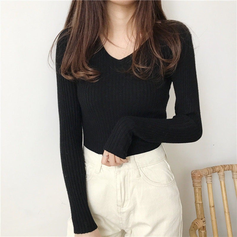 Korean V-Neck Knit Sweater Women Autumn Black  - Image 1