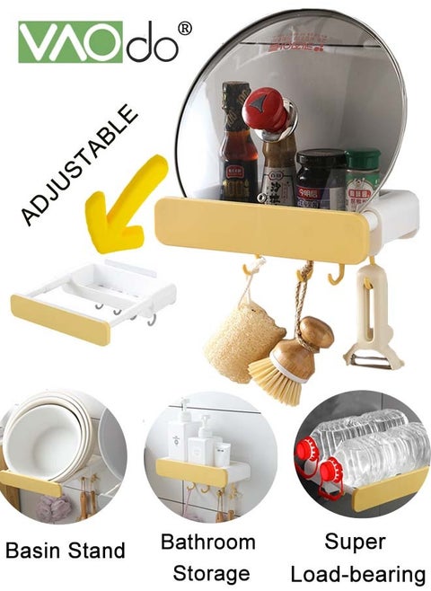 Multi-functional Towel Holder Retractable Washbasin Rack Punch-Free Storage Rack With Hook Super Load-Bearing Bathroom Storage Rack Kitchen Storage Rack Yellow