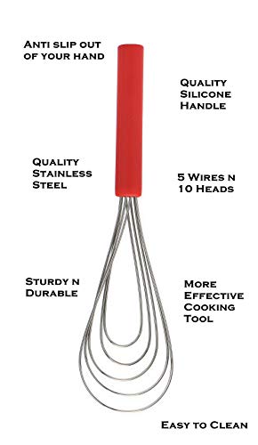 Jell-Cell Flat Whisk Silicone Handle Non Slip 10" - 5 Wires Whisk with 10 Heads for Kitchen Cooking Color Red by Jell-Cell - Image 4