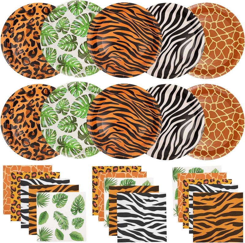 WIQEDOHA 100Pcs Jungle Safari Wild Animal Party Supplies Disposable jungle zoo animal Print Paper Plates and Napkins for Birthday Party, Baby Shower and jungle safari theme party decorations - Image 1