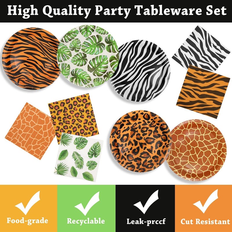WIQEDOHA 100Pcs Jungle Safari Wild Animal Party Supplies Disposable jungle zoo animal Print Paper Plates and Napkins for Birthday Party, Baby Shower and jungle safari theme party decorations - Image 3