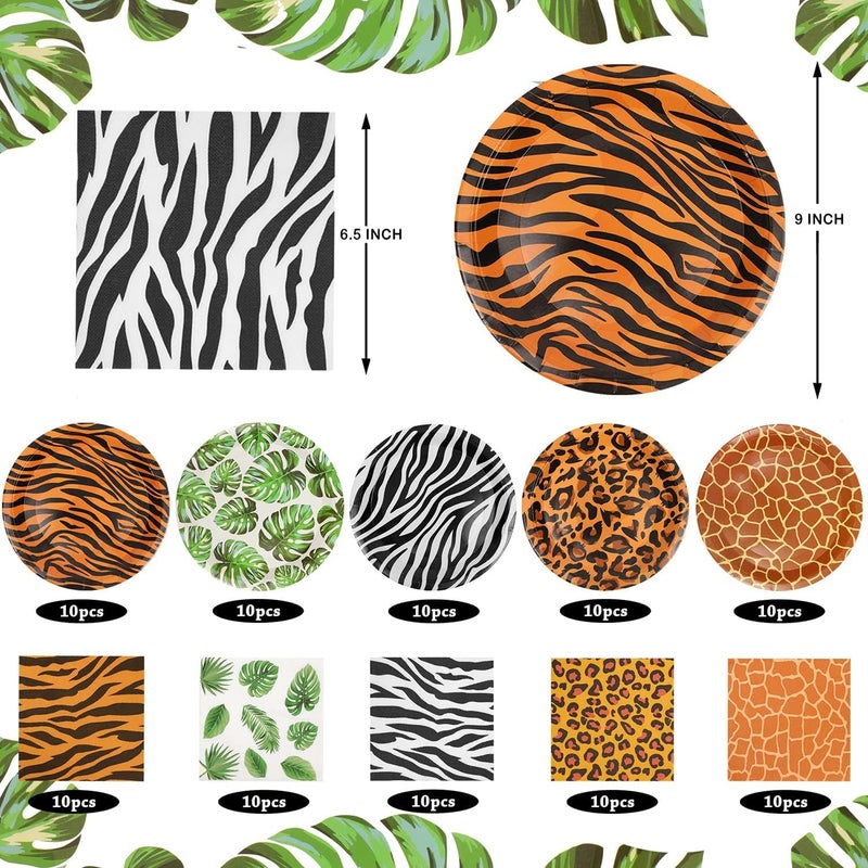 WIQEDOHA 100Pcs Jungle Safari Wild Animal Party Supplies Disposable jungle zoo animal Print Paper Plates and Napkins for Birthday Party, Baby Shower and jungle safari theme party decorations - Image 2