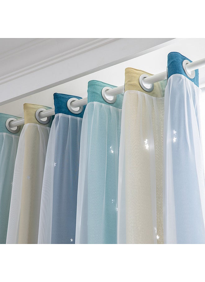 Generic - 2pc Curtain Simple Gradient Hollow-out Star Pattern Double Layer Blackout Bedroom Living Room Insulation Curtain - Image 1