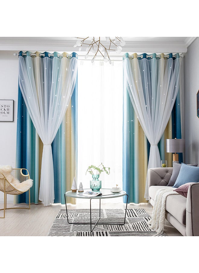 Generic - 2pc Curtain Simple Gradient Hollow-out Star Pattern Double Layer Blackout Bedroom Living Room Insulation Curtain - Image 1