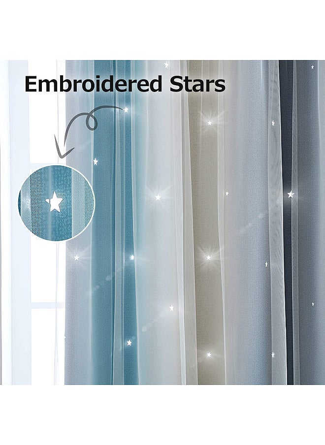 Generic - 2pc Curtain Simple Gradient Hollow-out Star Pattern Double Layer Blackout Bedroom Living Room Insulation Curtain - Image 1