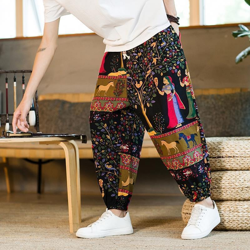 Mens Chinese Style Cotton Linen Wide Leg Pants character black  - Image 1