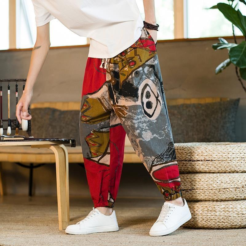 Mens Chinese Style Cotton Linen Wide Leg Pants character black  - Image 2