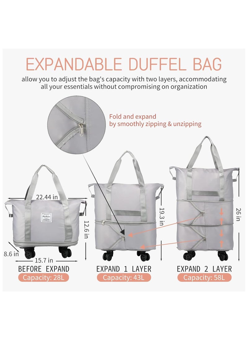 Generic - Rolling Duffle Bag with Wheels,Expandable Carry On Luggage Bag with Wheels,Foldable Duffle Bag for Travel,Weekend Bag for Women,Travel Duffel Bag with Spinner Wheels,Large Gym Bag (Grey) - Image 1