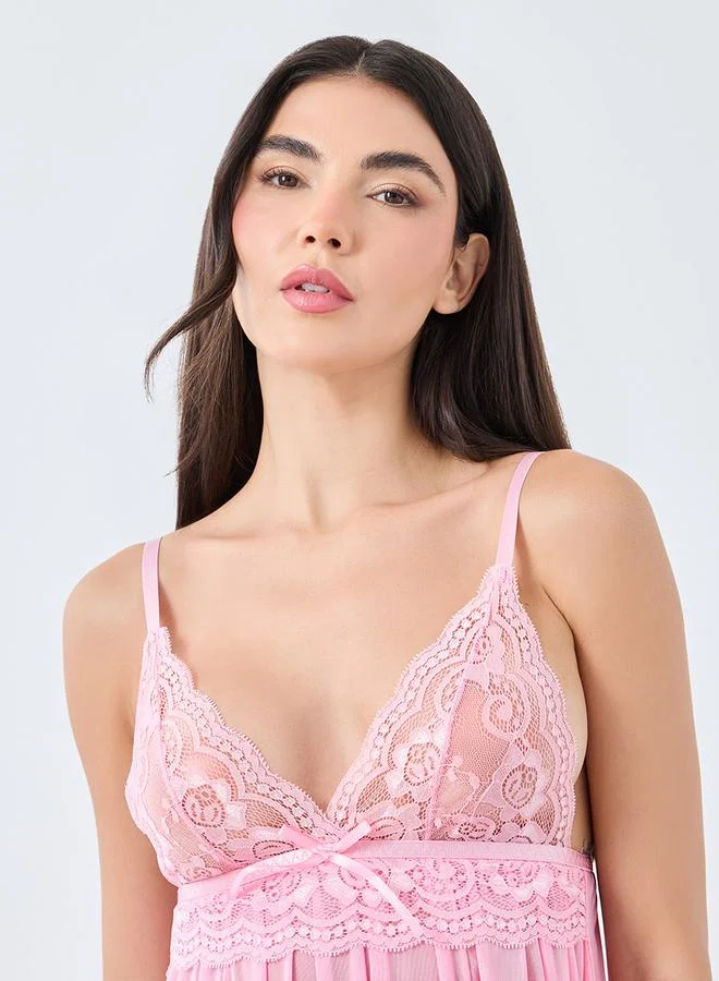 Styli Styli Lace Panel Handkerchief Hem Babydoll with Thong