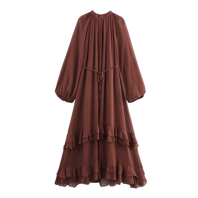 SAW AliExpress Independent Station Womens European and American Style Fashionable Simple Lotus Edge Small Stand Collar Dress Brown