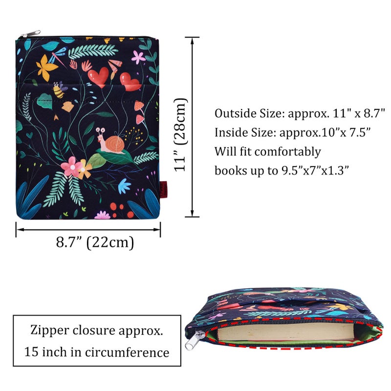 LParkin Book Sleeve Cute Snail Black Floral Book Protector Pouch Book Sleeves with Zipper Book Cover for Paperbacks Medium 11 Inch X 8.7 Inch Book Lover - Image 5
