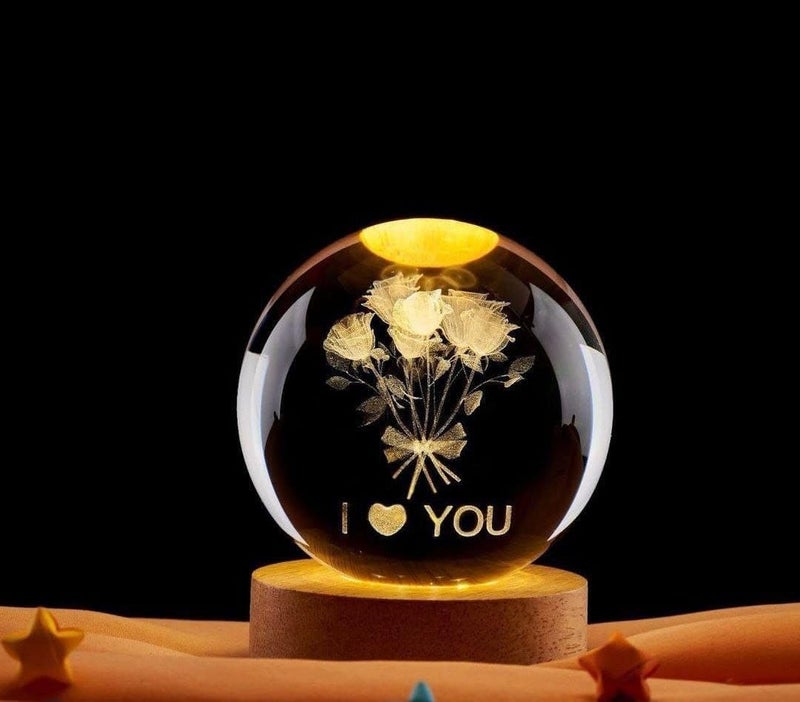 3D Crystal Ball Shape LED Lamp Wooden Base Home Decor Decoration Birthday Gift for Boyfriend Girlfriend Kids Crystal Ball Lamp Warm Night Light Lamp 9cm (Shape 17) - Image 1
