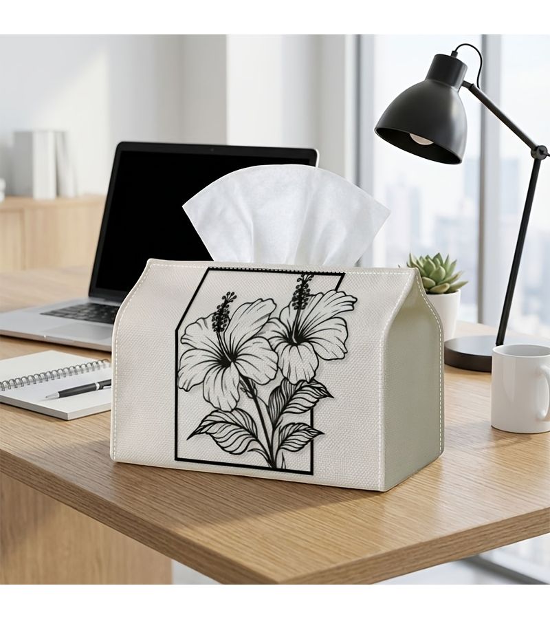 1PC Tissue Box Minimalist Botanical Vintage Hibiscus Flower Black White Line Art Home Decor Suitable for Cafes Kitchen Dining Table Paper Towel Holder 4.3x5.1x7in - Image 2