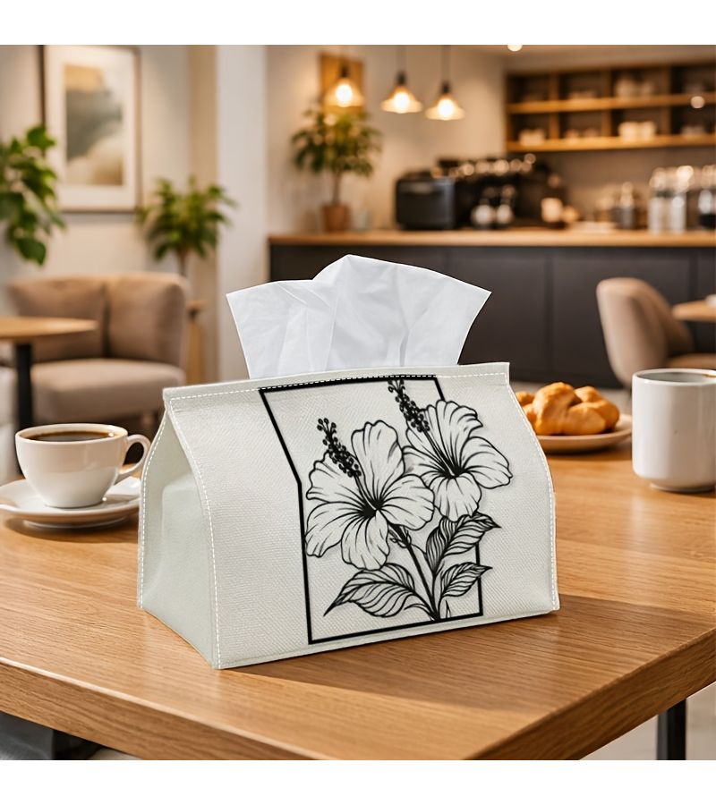 1PC Tissue Box Minimalist Botanical Vintage Hibiscus Flower Black White Line Art Home Decor Suitable for Cafes Kitchen Dining Table Paper Towel Holder 4.3x5.1x7in - Image 1