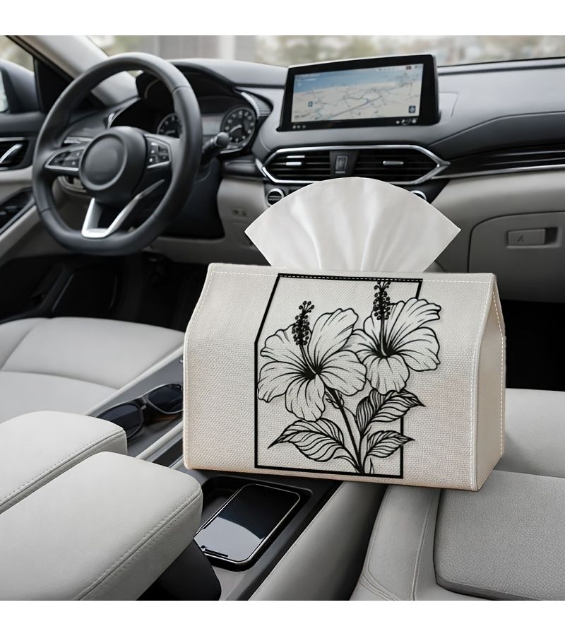 1PC Tissue Box Minimalist Botanical Vintage Hibiscus Flower Black White Line Art Home Decor Suitable for Cafes Kitchen Dining Table Paper Towel Holder 4.3x5.1x7in - Image 5