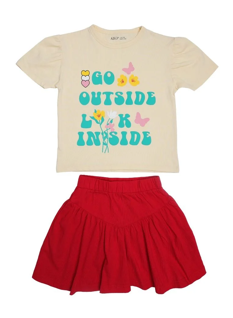 ايكو AIKO - Girls Short Sleeve Yellow T-Shirt with Red Skirt Set