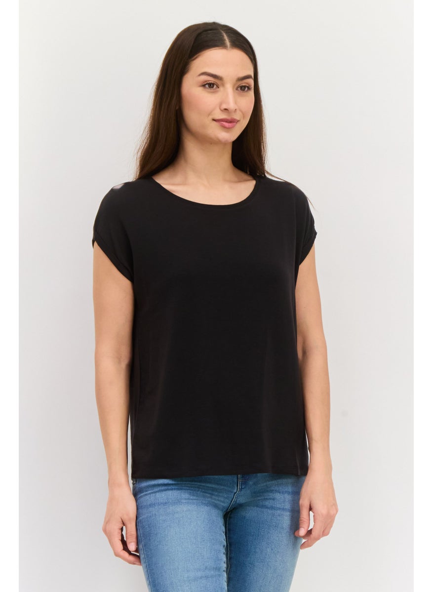 Aware By Vero Moda Women Petite Round Neck Cap Sleeves Solid Top, Black  - Image 1