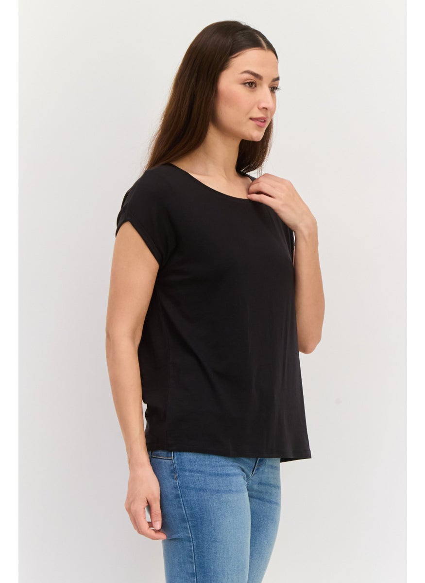 Aware By Vero Moda Women Petite Round Neck Cap Sleeves Solid Top, Black  - Image 2