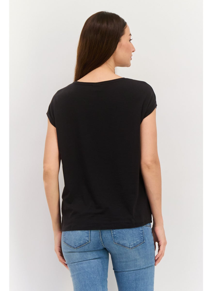 Aware By Vero Moda Women Petite Round Neck Cap Sleeves Solid Top, Black  - Image 4