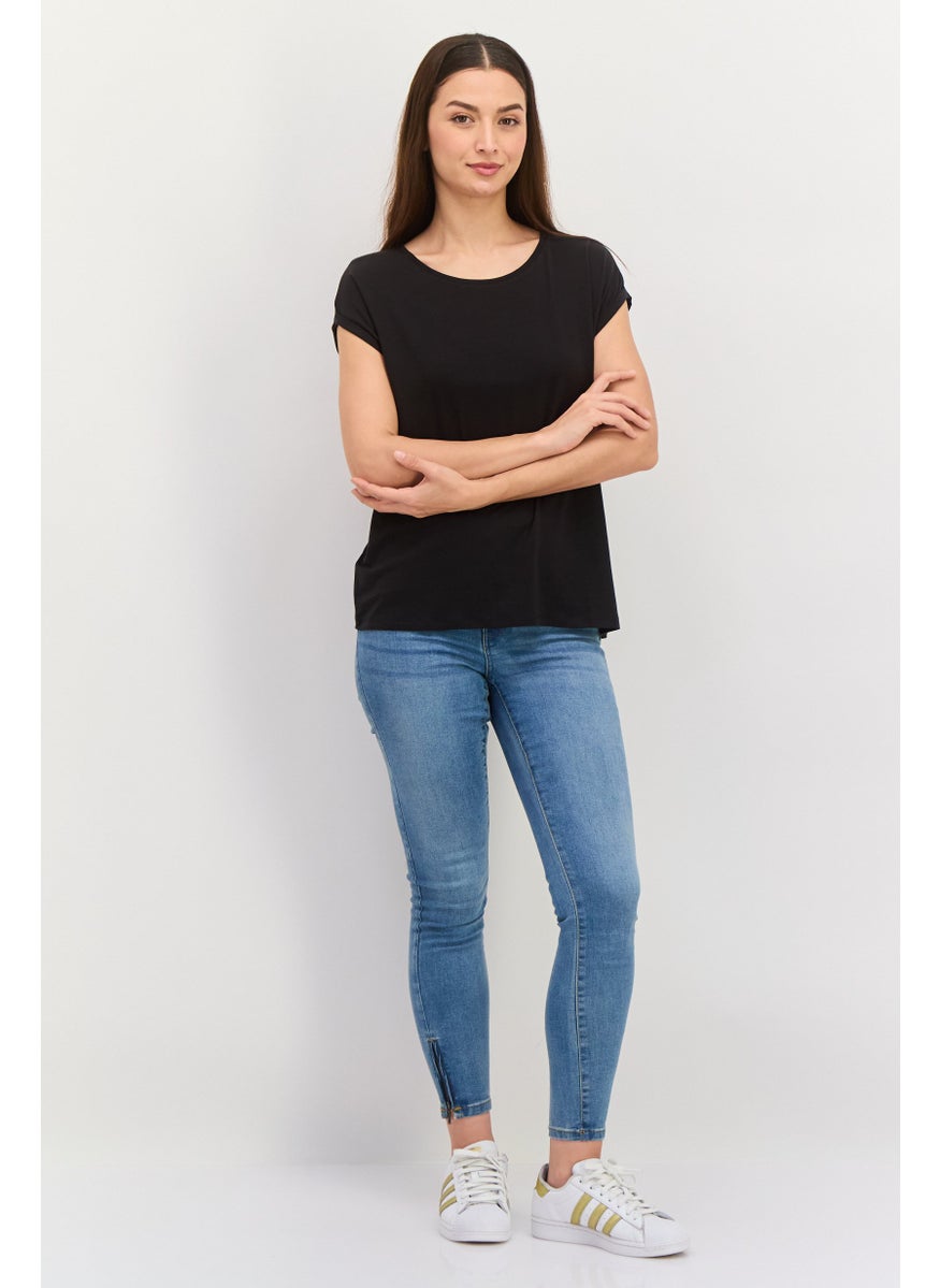 Aware By Vero Moda Women Petite Round Neck Cap Sleeves Solid Top, Black  - Image 3