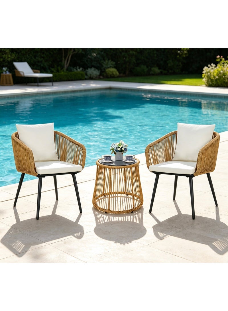 YIYAN 3-Piece Indoor-Outdoor Bistro Set with Wicker Chairs & Glass Coffee Table for Balcony, Patio & Apartment Spaces - Image 2