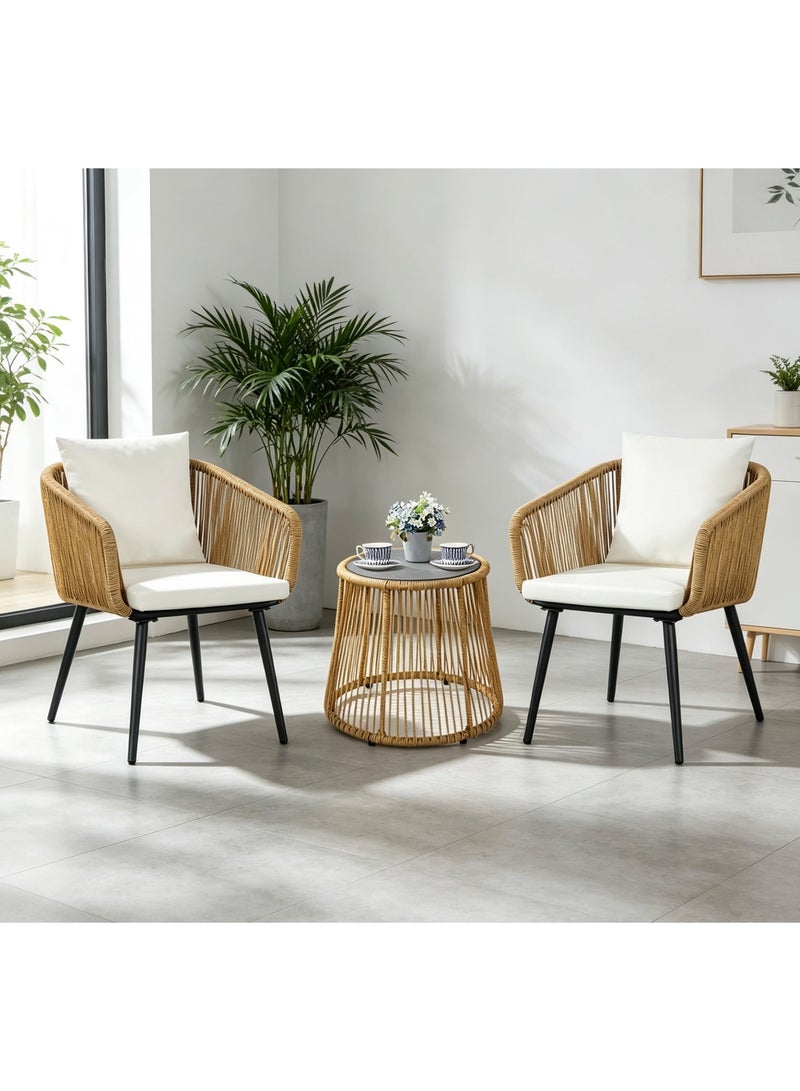 YIYAN 3-Piece Indoor-Outdoor Bistro Set with Wicker Chairs & Glass Coffee Table for Balcony, Patio & Apartment Spaces - Image 1