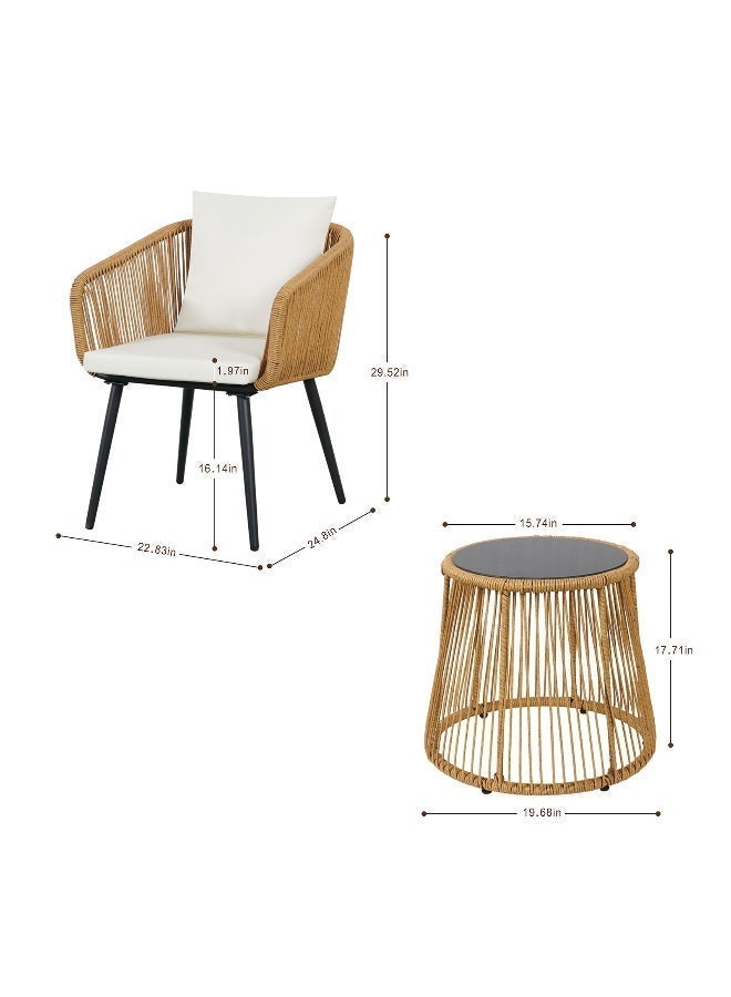 YIYAN 3-Piece Indoor-Outdoor Bistro Set with Wicker Chairs & Glass Coffee Table for Balcony, Patio & Apartment Spaces - Image 5