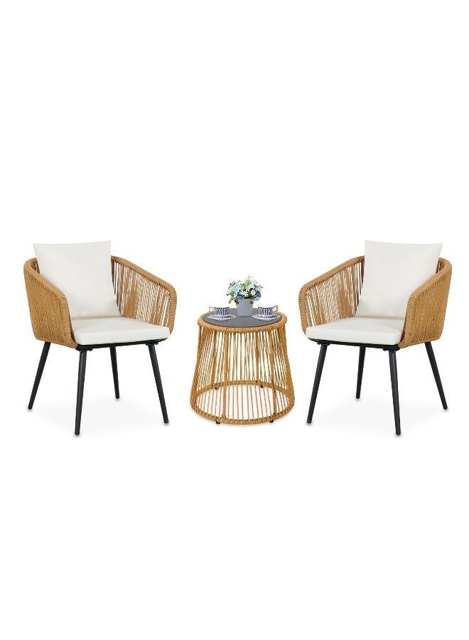 YIYAN 3-Piece Indoor-Outdoor Bistro Set with Wicker Chairs & Glass Coffee Table for Balcony, Patio & Apartment Spaces - Image 4