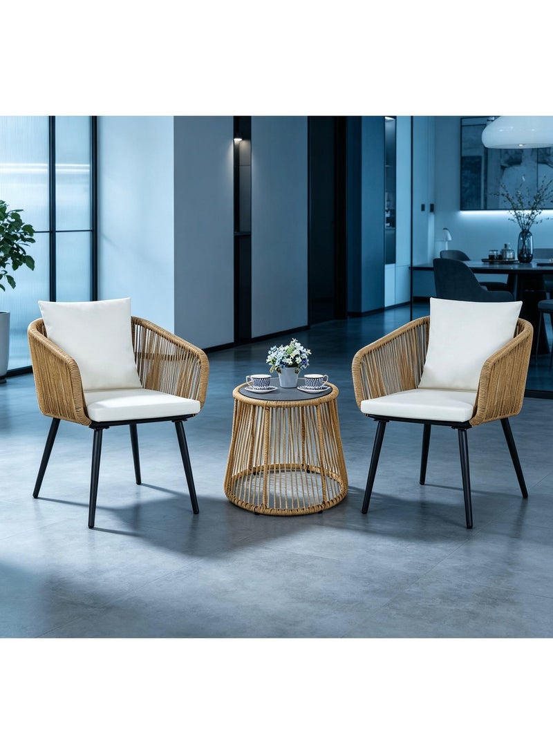 YIYAN 3-Piece Indoor-Outdoor Bistro Set with Wicker Chairs & Glass Coffee Table for Balcony, Patio & Apartment Spaces - Image 3