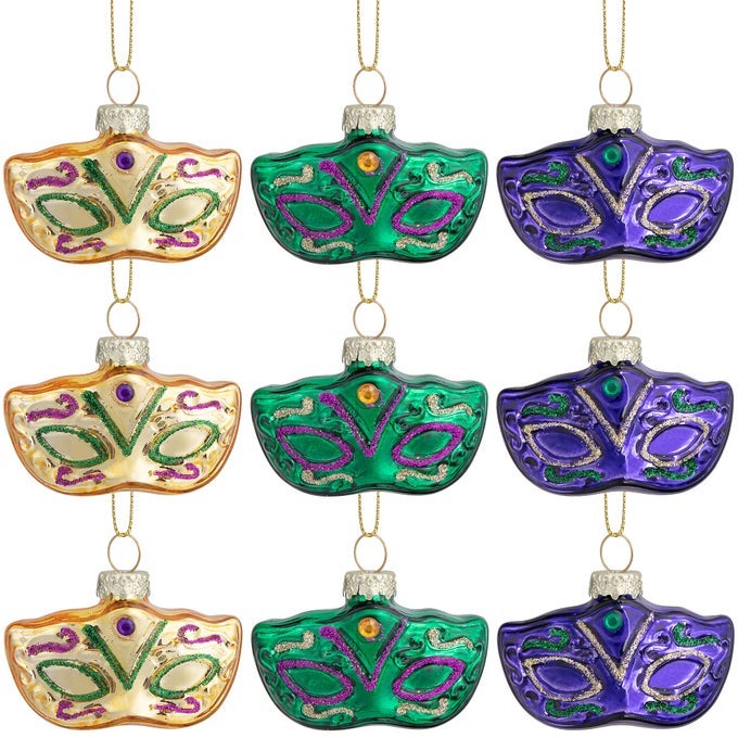 9pcs Mardi Gras Glass Mask Blown Ornaments Gold Green Purple Hanging for Mardi Gras Holiday New Orleans Party
