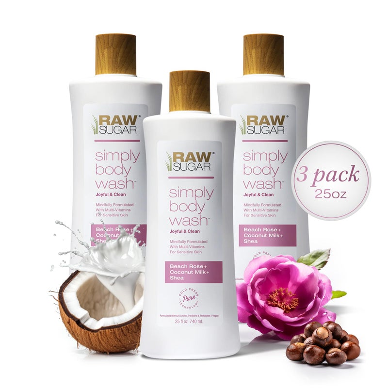 RAW SUGAR Simply Body Wash, Beach Rose + Coconut Milk + Shea (25 Fl Oz, Pack of 3) Sensitive Skin Bath Soap, Formulated without Sulfates & Parabensâ€¦ - Image 1
