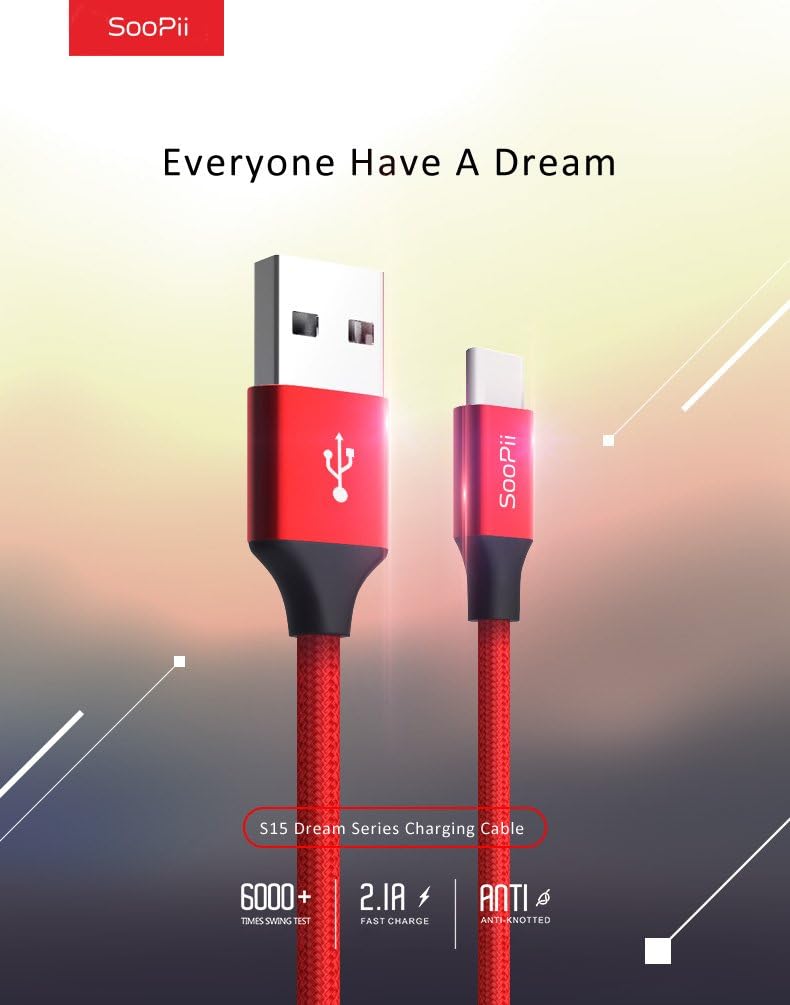 Soopii Original Type c Fast Charging USB Data Cable - Reversible Charger, 1.2 Meter Long, Nylon Braided, Aluminum Connector Support .(Red) - Image 3