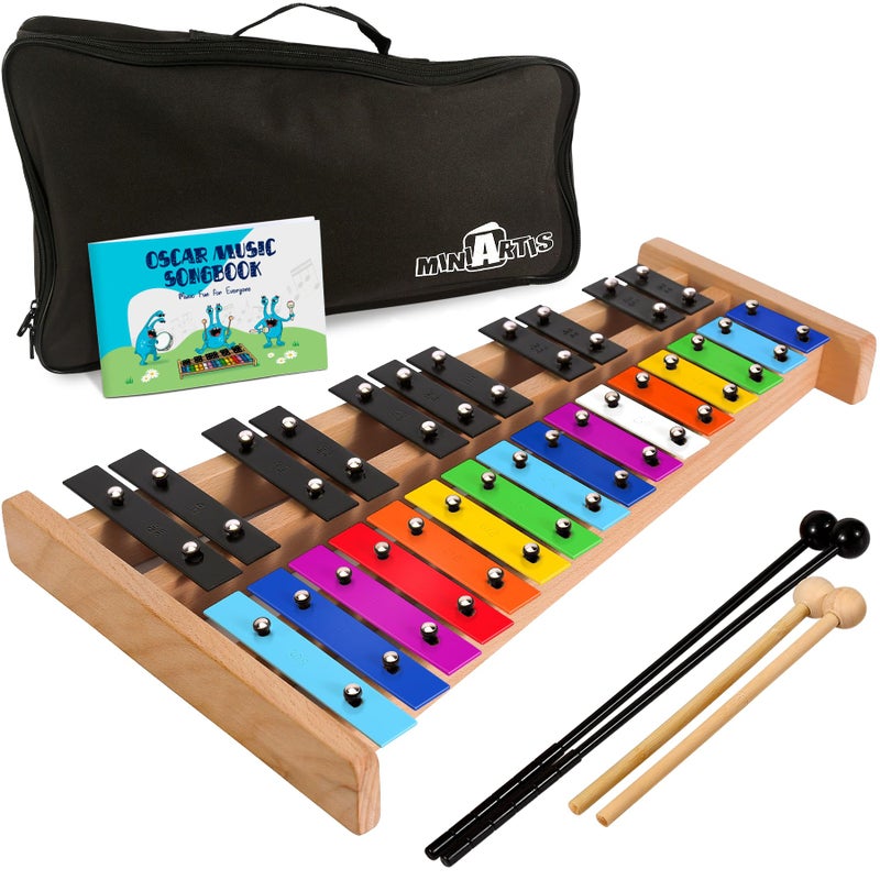 MINIARTIS Glockenspiel Xylophone Full Size Glockenspiel Xylophone 27 Note Colorful Metal Keys for Adults Kids Percussion Musical Instrument Includes 2 Wooden Beaters Songbook and Carry Case